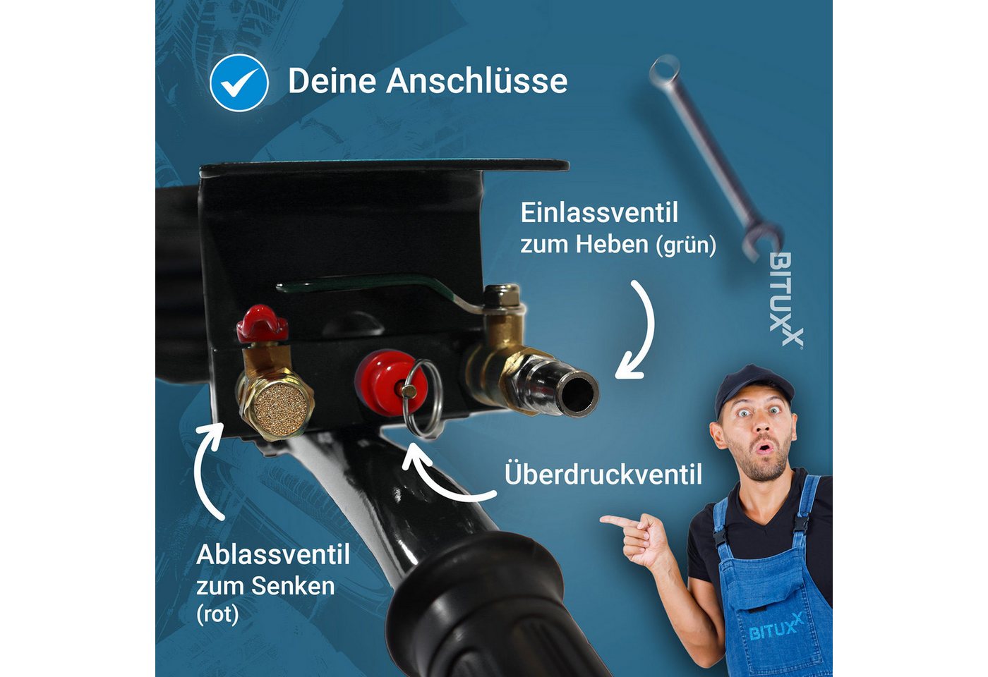 Bituxx Wagenheber pneumatisch 14,5-40cm bis 3000kg mit Transportrollen Schwarz, max. Hubhöhe: 40 cm, MS-19583, 1/4 Zoll Druckluftanschluss – Bild 4 von 5