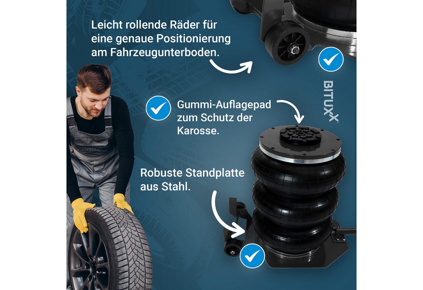Bituxx Wagenheber pneumatisch 14,5-40cm bis 3000kg mit Transportrollen Schwarz, max. Hubhöhe: 40 cm, MS-19583, 1/4 Zoll Druckluftanschluss – Bild 5 von 5