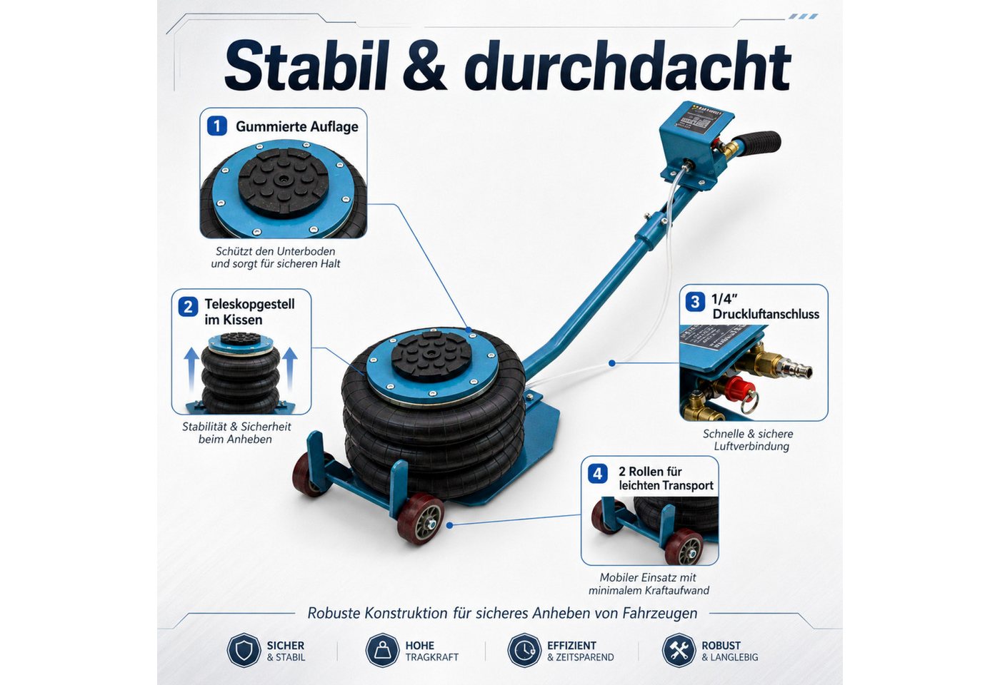 Bituxx Wagenheber pneumatisch 14,5-40cm bis 3000kg mit Transportrollen Blau, max. Hubhöhe: 40 cm, MS-17230, 1/4 Zoll Druckluftanschluss – Bild 3 von 5