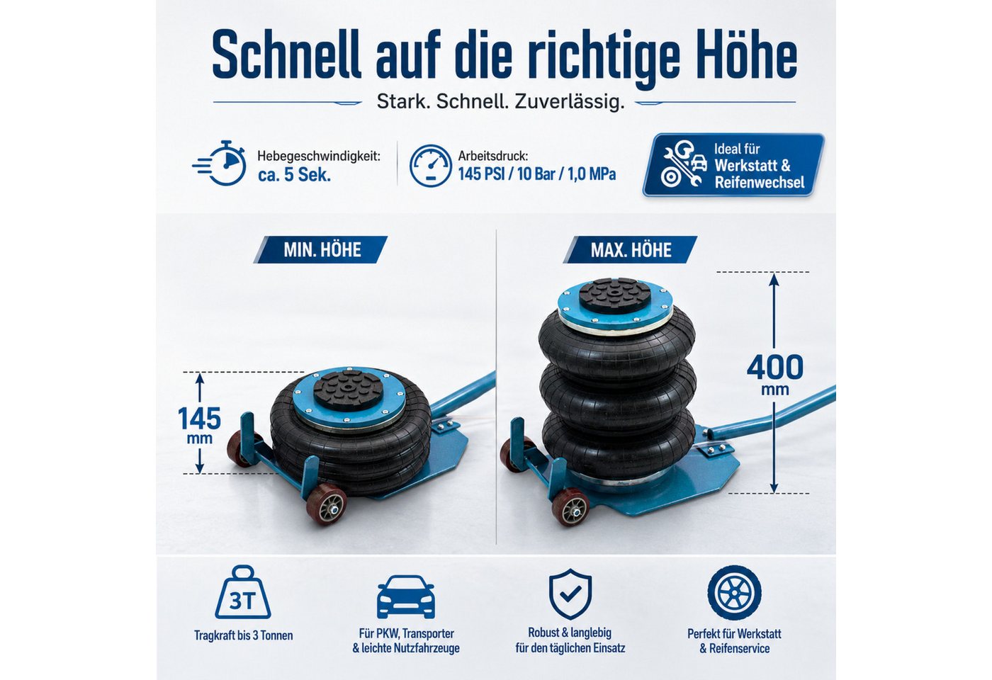 Bituxx Wagenheber pneumatisch 14,5-40cm bis 3000kg mit Transportrollen Blau, max. Hubhöhe: 40 cm, MS-17230, 1/4 Zoll Druckluftanschluss – Bild 4 von 5