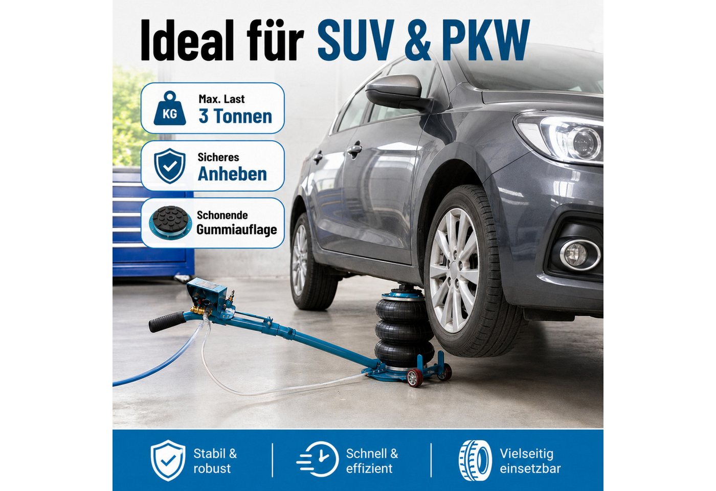 Bituxx Wagenheber pneumatisch 14,5-40cm bis 3000kg mit Transportrollen Blau, max. Hubhöhe: 40 cm, MS-17230, 1/4 Zoll Druckluftanschluss – Bild 5 von 5