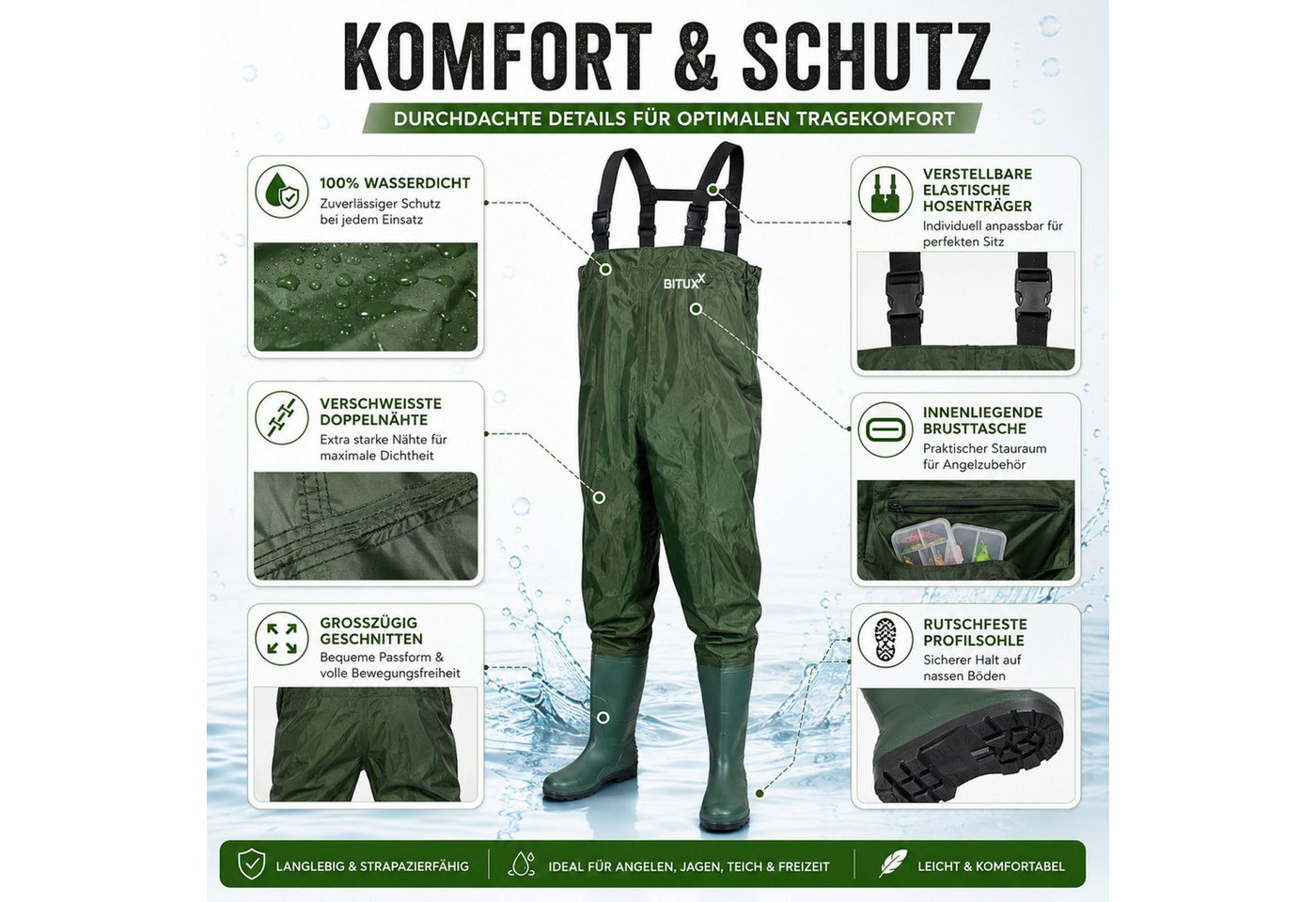 Bituxx Wathose Größe 46 (1-tlg., MS-13396) rutschfesten Profilsohle – Bild 3 von 5
