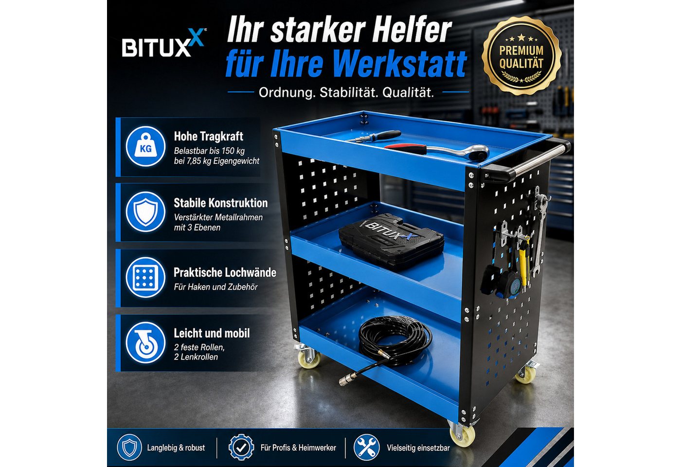Bituxx Werkstattwagen mit 3 Ebenen, Lochwand und 12 Haken, (MS-19509) – Bild 2 von 5