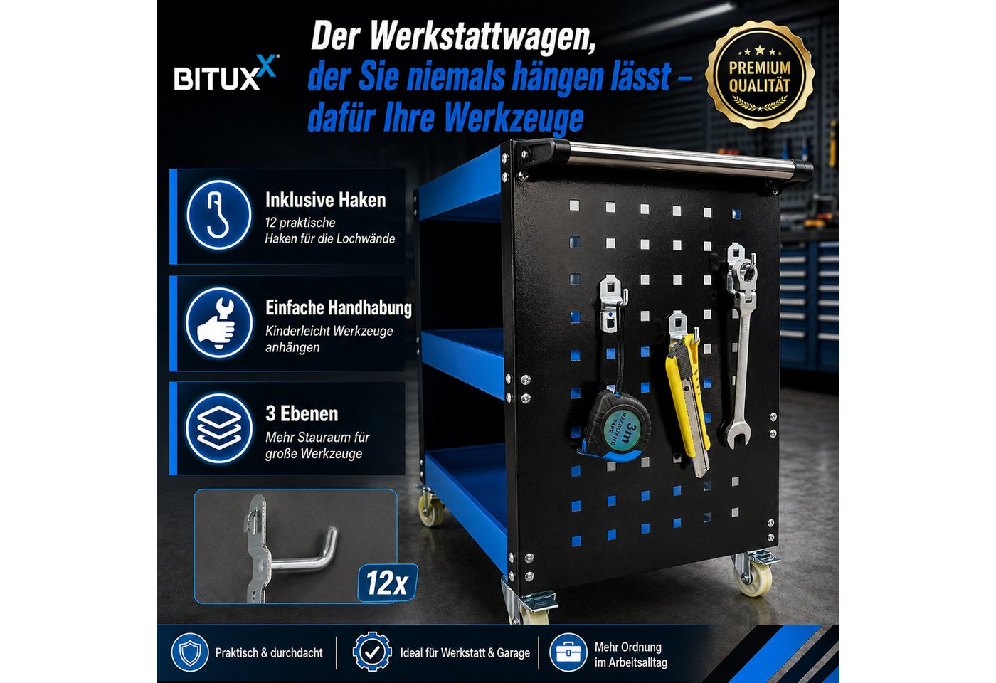 Bituxx Werkstattwagen mit 3 Ebenen, Lochwand und 12 Haken, (MS-19509) – Bild 3 von 5