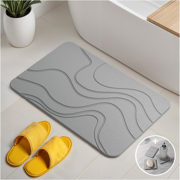 Björn&Schiller Badematte Stein Kieselgur Matte Badezimmer 60x39 cm Duschvorleger, Höhe 9 mm, rutschfeste Oberfläche, schnelle Wasseraufnahme, einfache Reinigung