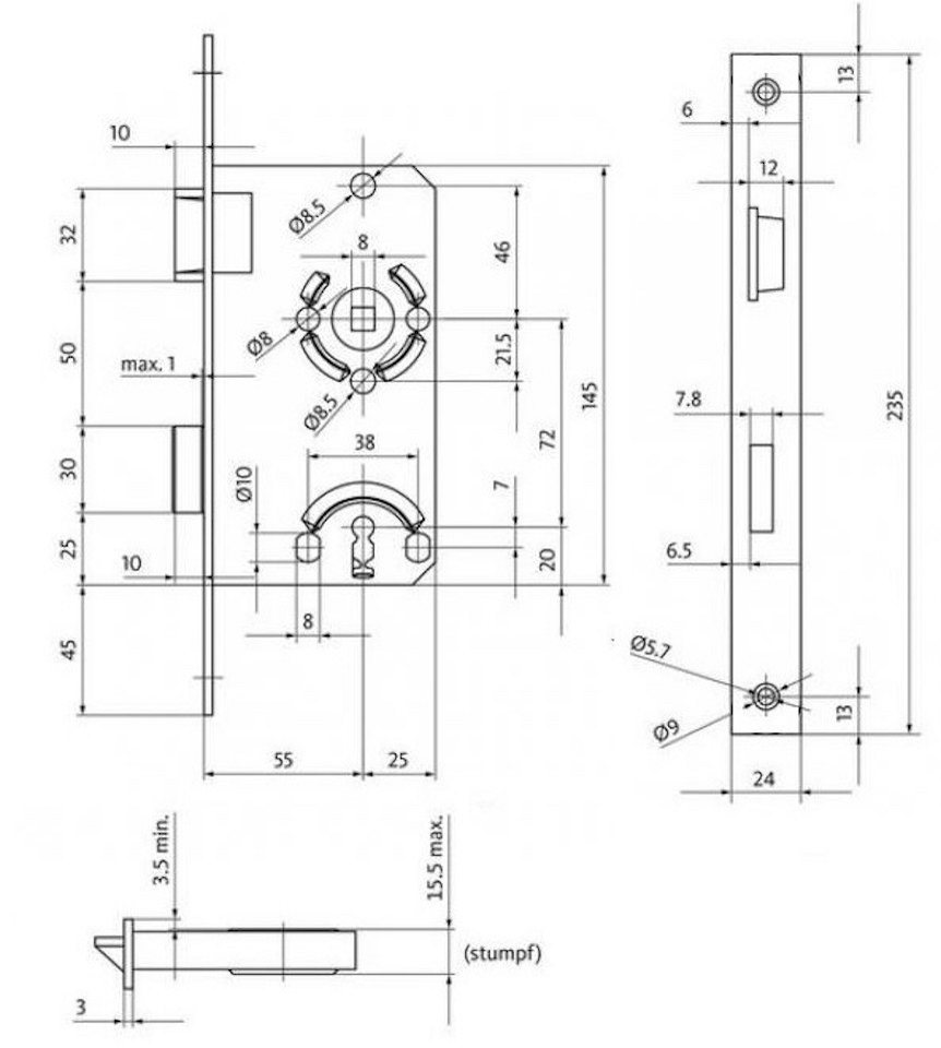BKS Einsteckschloss Buntbartschloss, DIN Links, 55/72/8, Stulp: eckig, 24 x 235mm, Dornmaß 55 mm, Buntbartschloss – Bild 4 von 5