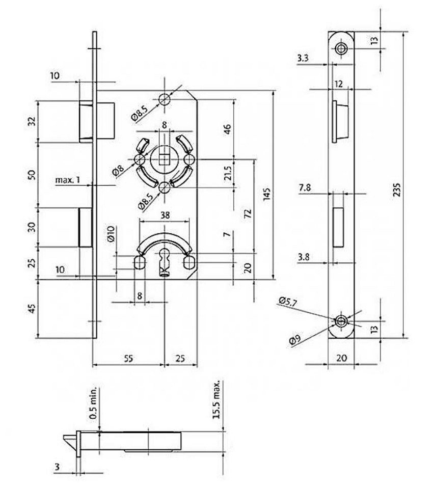 BKS Einsteckschloss Buntbartschloss, DIN Links, 55/72/8, Stulp: abgerundet, 20 x 235mm, Dornmaß 55 mm, Buntbartschloss – Bild 5 von 5