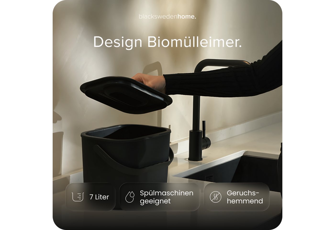 blackswedenhome. Biomülleimer Biomülleimer Küche - 7L - Design Komposteimer mit Innensieb, Geruchsdicht, Modernes Design – Bild 2 von 5