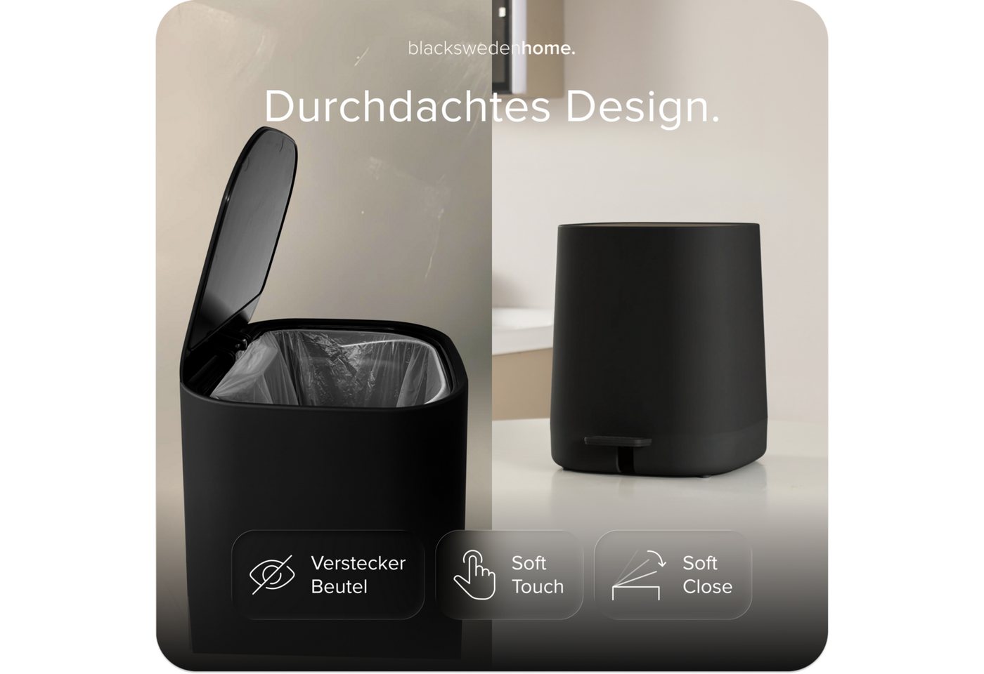 blackswedenhome. Mülleimer Bad Mülleimer - 5L mit Softclose-Deckel und Soft Touch Oberfläche, Soft Close Deckel, Soft Touch Oberfläche – Bild 2 von 5