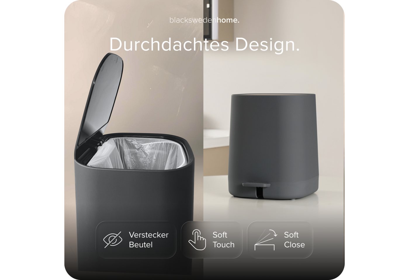 blackswedenhome. Mülleimer Bad Mülleimer - 5L mit Softclose-Deckel und Soft Touch Oberfläche, Soft Close Deckel, Soft Touch Oberfläche – Bild 2 von 5