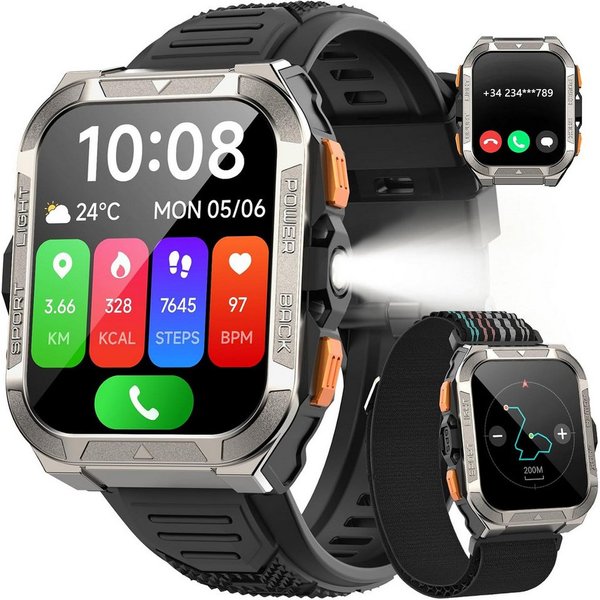 blackview 1,91" Smartwatch Herren GPS Outdoor Sportuhr Bluetooth Telefonie Smartwatch (1,91 Zoll, iOS/Android), Smartwatch Herren GPS 900mAh, 15 Tage Akku, 60 T