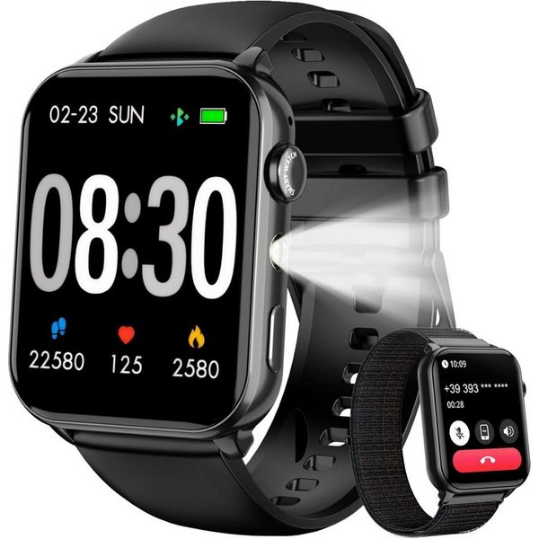 blackview 1,91 Zoll Smartwatch Damen Herren mit Taschenlampe, Bluetooth Anrufe Smartwatch (4,85 cm/1,91 Zoll, iOS/Android), 350mAh (6+Tage),100+ Sportmodi,Fitne