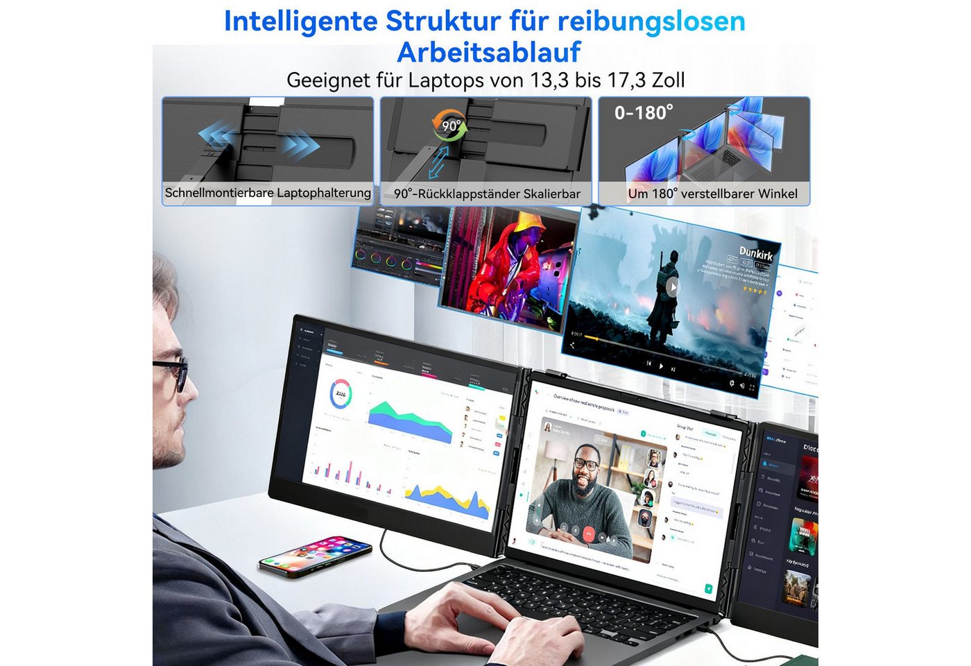 blackview 14"/15,6" FHD Gaming Monitor D6/D8, Dual-Screen IPS, Tragbarer Monitor Portabler Monitor (35 cm/14 ", 1920x1080 px, Full HD, 60 Hz, IPS, 180° Gaming M – Bild 5 von 5