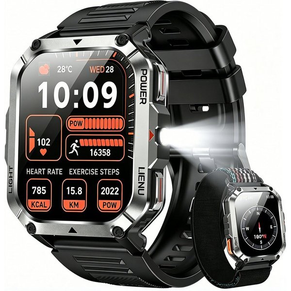 blackview 2,01'' Militär Smartwatch Herren mit 900mAh Fitnessuhr,100+ Sportmodi Smartwatch (5,1 cm/2,01 Zoll, iOS/Android), Sportuhr Herren mit 2 Armbändern,Tas