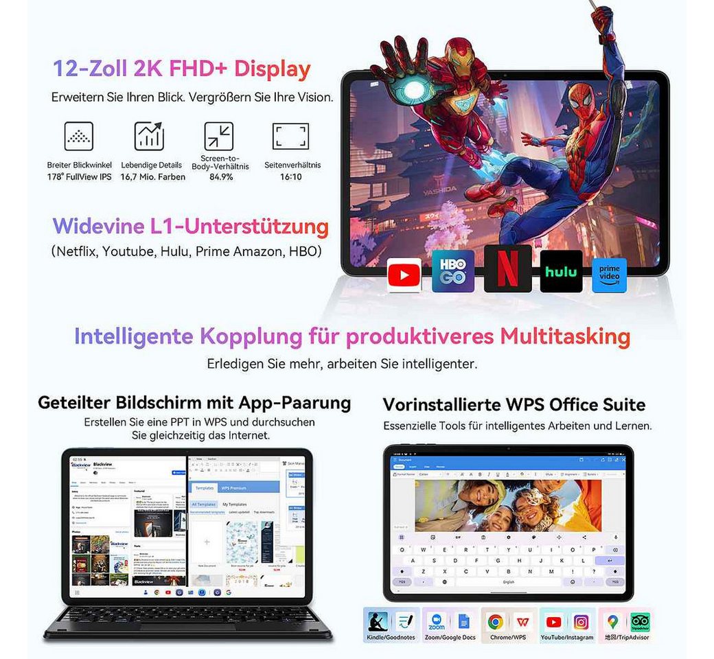 blackview 2026 12“ Mega2 128/256GB 4G LTE Android 15 2,4K Display Tablet (12", 256 GB, Android 15, 4G (LTE), 5G WiFi, 2K, Android 15, 9000mAh, 4G LTE, 128/256GB – Bild 4 von 5