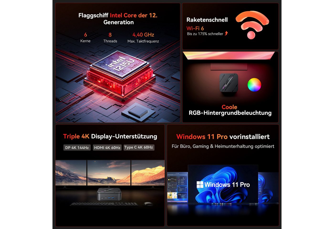 blackview 2026 Neuer MP100Pro Core i3, 16GB DDR4, 512GB SSD (2TB max) Mini-PC (Intel Intel Alder Lake i3-1215U, Intel, 16 GB RAM, 512 GB SSD, 4K 144Hz, 12 Ansch – Bild 2 von 5