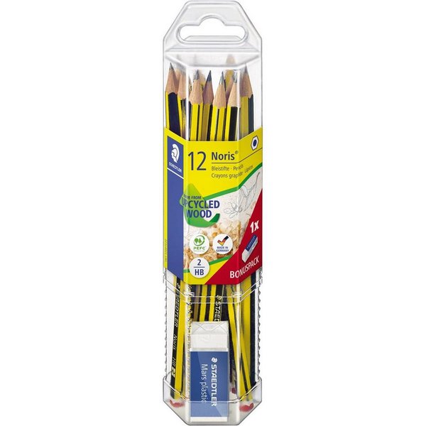 Bleistift HB graphit, schwarz/gelb, Radierer, 12er-Pack