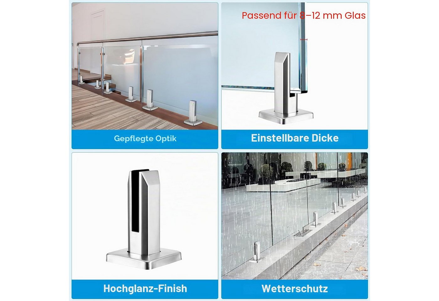 BlingBin Abstandshalter Boden Glasklemme Edelstahl,Glasclip,Rückenverbindung,8–12 mm (4 Stück, 1-St., 10*10*16cm,4 Stück für Glas mit Schrauben) verstellbare Kl – Bild 2 von 5