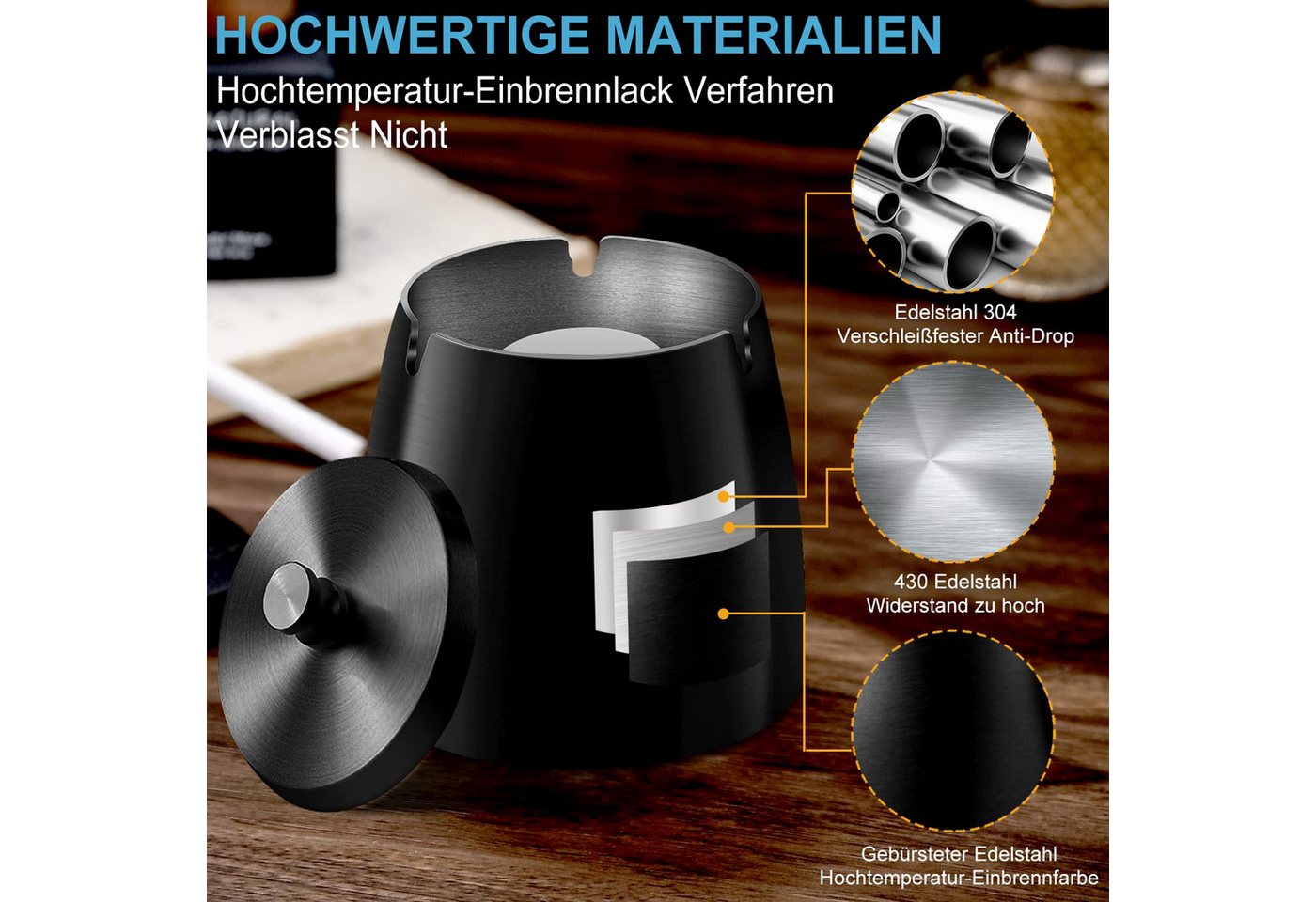 BlingBin Aschenbecher mit Deckel Winddichter Aschenbecher aus Edelstahl, für das Home Office, den Desktop, die Terrasse, den Balkon im Freien – Bild 2 von 5