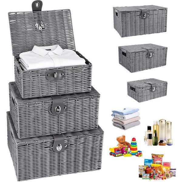 BlingBin Aufbewahrungskorb Gewebter Korb mit Deckel, Aufbewahrung Organizer (Aufbewahrungskörbchen mit Deckel und Schnallen, 3 St., 3 Stück, Large, Medium, Smal