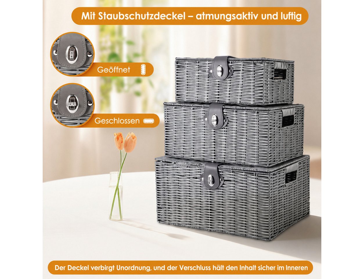 BlingBin Aufbewahrungskorb Gewebter Korb mit Deckel, Aufbewahrung Organizer (Aufbewahrungskörbchen mit Deckel und Schnallen, 3 St., 3 Stück, Large, Medium, Smal – Bild 2 von 5