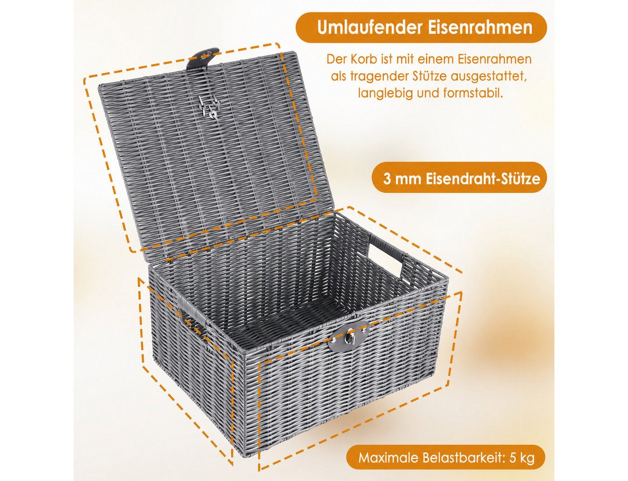BlingBin Aufbewahrungskorb Gewebter Korb mit Deckel, Aufbewahrung Organizer (Aufbewahrungskörbchen mit Deckel und Schnallen, 3 St., 3 Stück, Large, Medium, Smal – Bild 3 von 5