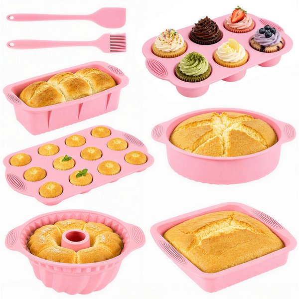 BlingBin Backform 8 Stück Silikon Backformen Set, Kuchenform Muffinform für Backen, (8er Set 8-tlg), Antihaft Springform mit Backpinsel Silikonspatel für Muffin