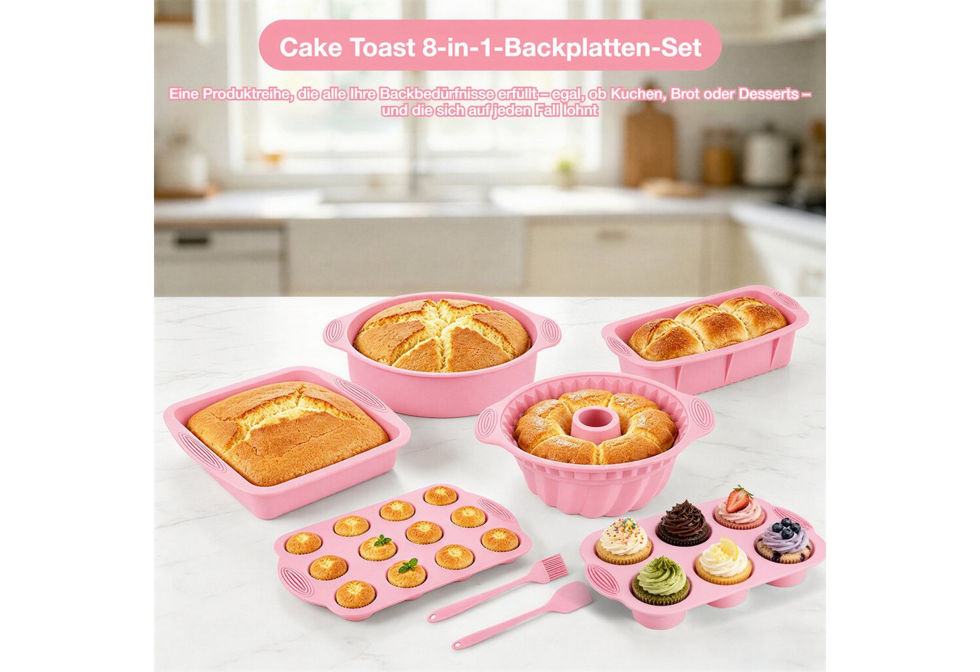 BlingBin Backform 8 Stück Silikon Backformen Set, Kuchenform Muffinform für Backen, (8er Set 8-tlg), Antihaft Springform mit Backpinsel Silikonspatel für Muffin – Bild 3 von 5