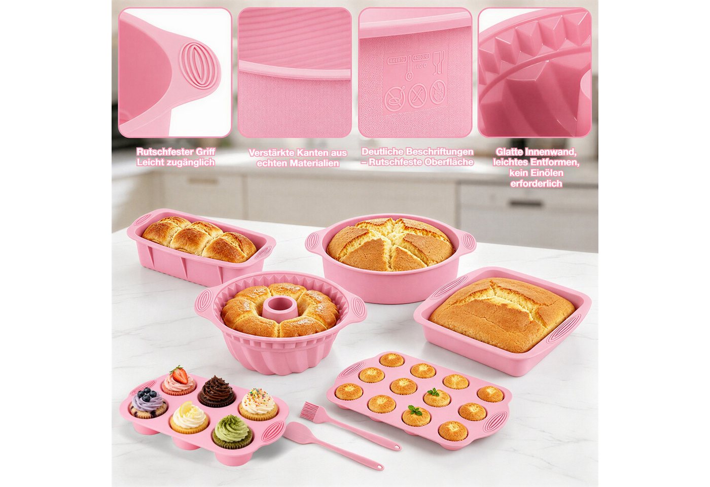 BlingBin Backform 8 Stück Silikon Backformen Set, Kuchenform Muffinform für Backen, (8er Set 8-tlg), Antihaft Springform mit Backpinsel Silikonspatel für Muffin – Bild 4 von 5