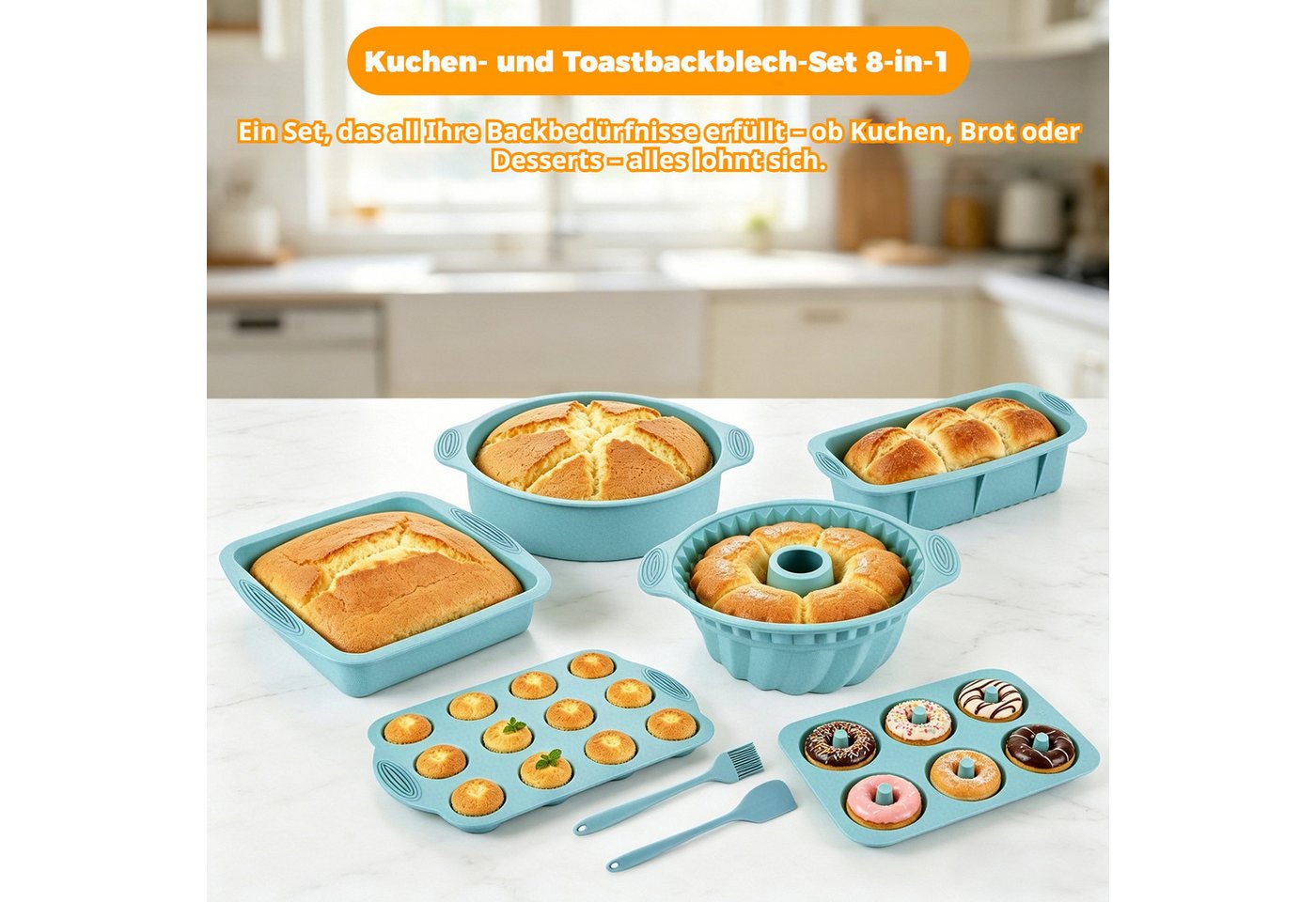 BlingBin Backform 8 Stück Silikon Backformen Set, Kuchenform Muffinform für Backen, (8er Set 8-tlg), Antihaft Springform mit Backpinsel Silikonspatel für Muffin – Bild 3 von 5