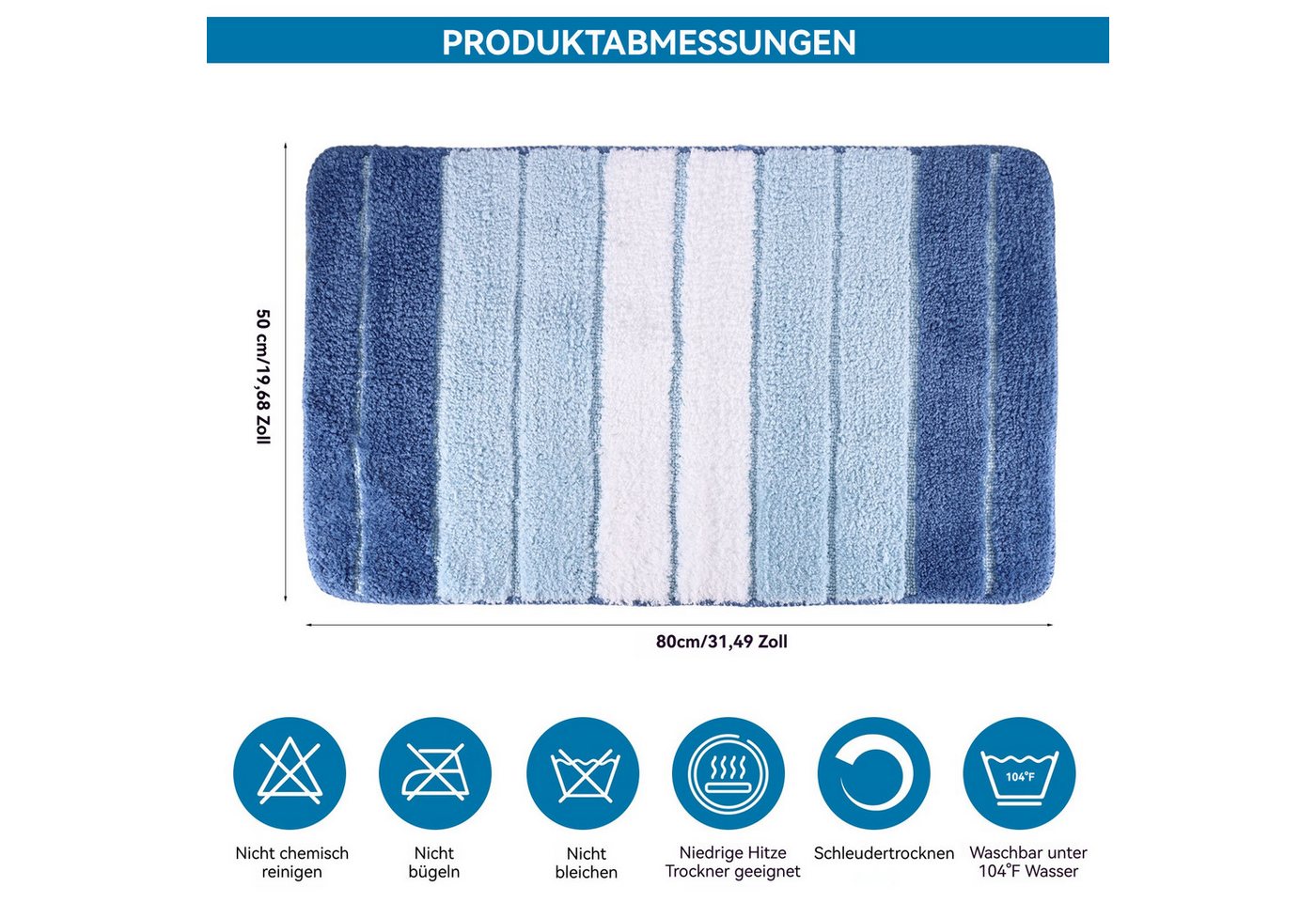 BlingBin Badematte Gestreifter Mikrofaser-Badezimmerteppich,50×80 cm, Rutschfeste Unterseite, Flauschig, Polyester, Rechteckig, Saugfähig, Schnell trocknend, TP – Bild 2 von 5
