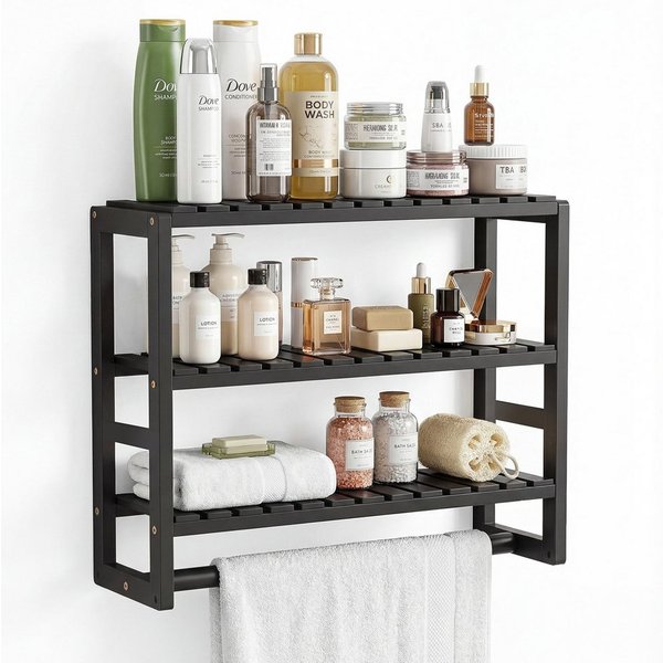 BlingBin Badregal Bambus Badezimmerregal mit 3 Ablagen und Handtuchstange, Wandmontage, Wandregal, 3 Ebenen Regal, Badezimmer Organizer, Bad Organizer 1-tlg., 4