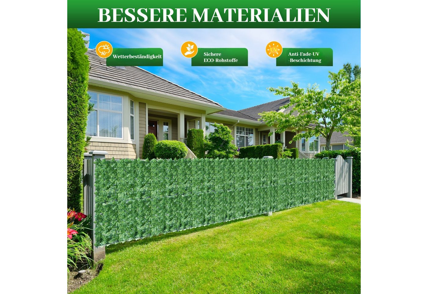 BlingBin Balkonsichtschutz Sichtschutzhecke Windschutz Efeu Sichtschutz Blätterzaun 1x3M (3er Set, 3-St., 300x100cm) Kunsthecken-Sichtschutz, für Balkon und Ter – Bild 2 von 5
