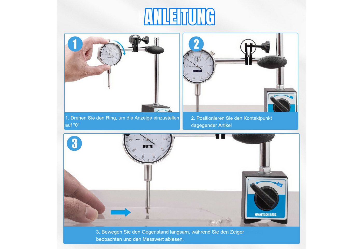 BlingBin Bohrlehre Magnetische Messuhr,0–10 Mm Bereich, 0,01 Mm Auflösung, 5x5 mm, Messuhren, 1 Set, 1-tlg., Präzisions-Inspektionswerkzeug mit Magnetischer Bas – Bild 2 von 5