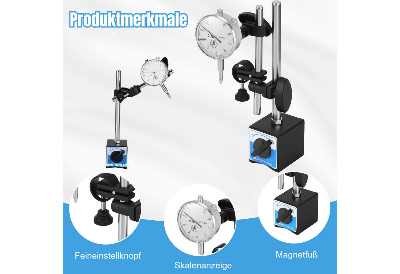 BlingBin Bohrlehre Magnetische Messuhr,0–10 Mm Bereich, 0,01 Mm Auflösung, 5x5 mm, Messuhren, 1 Set, 1-tlg., Präzisions-Inspektionswerkzeug mit Magnetischer Bas – Bild 5 von 5