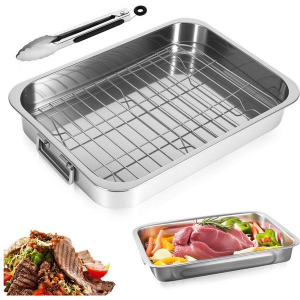 BlingBin Bräter Bratblech mit Gestell, Auflaufformen Ofenfest Edelstahl für Backofen, Edelstahl (1er Set, 1-tlg., Produktabmessungen: 33 × 23 × 5 cm), Backblech
