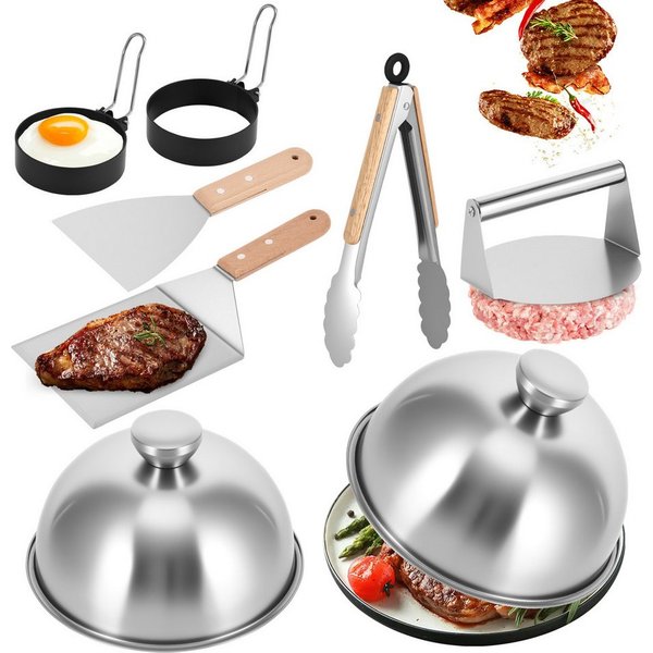BlingBin Burgerpresse 8-teiliges Smash Burger Set aus Edelstahl, Burger Grill Set (8 St), Edelstahl 304, Inkl. Burgerpresse,Burgerglocke,Grillspachtel&Grillzang