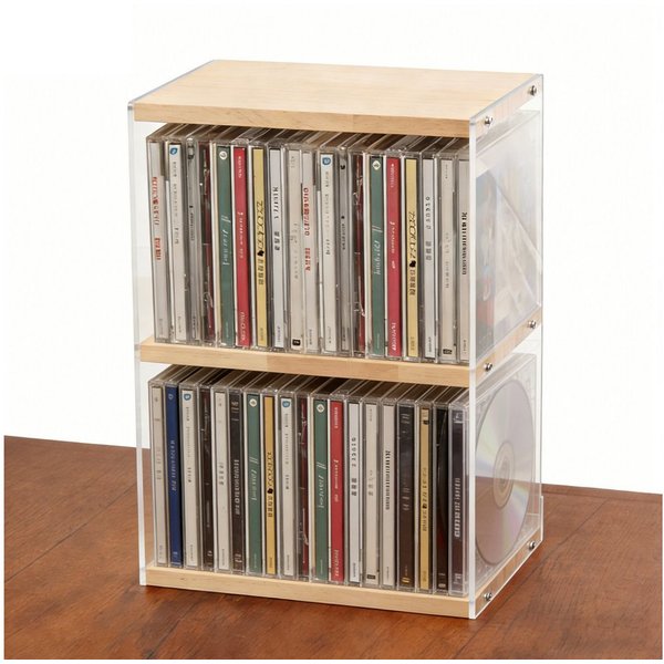 BlingBin CD-Regal 2-stufiger CD-Halter aus Holz und Acryl, CD-Aufbewahrung, 1er Set 1-tlg., Schreibtisch-Organizer für CDs, DVDs und Schallplatten, bis zu 40 CD