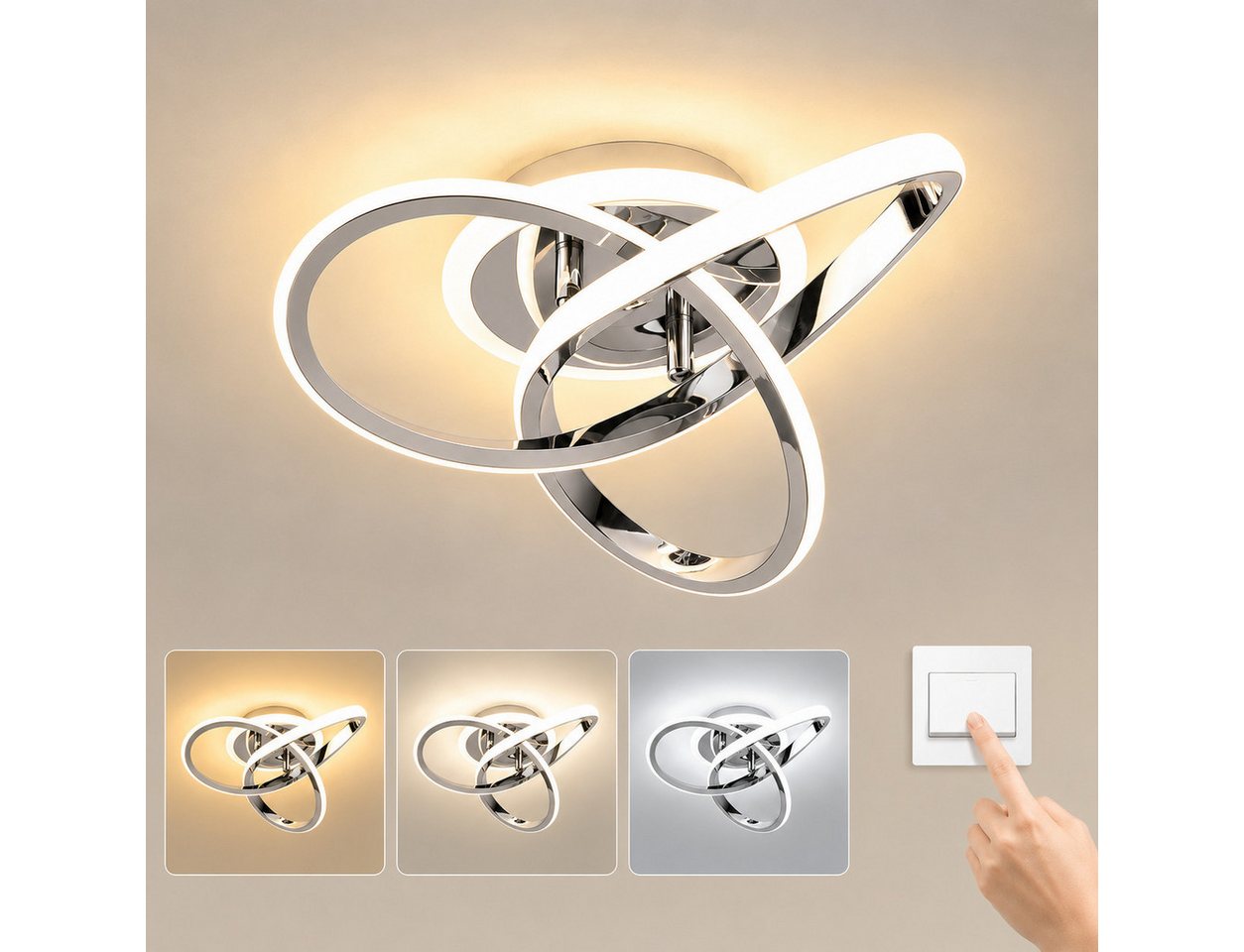 BlingBin Deckenleuchte 25CM Schwarz Dimmbar LED Deckenlampe 3 Blatten verflochten Modern, LED fest integriert, Modern Deckenlampe 3000-6500K für Wohnzimmer Küch – Bild 2 von 5