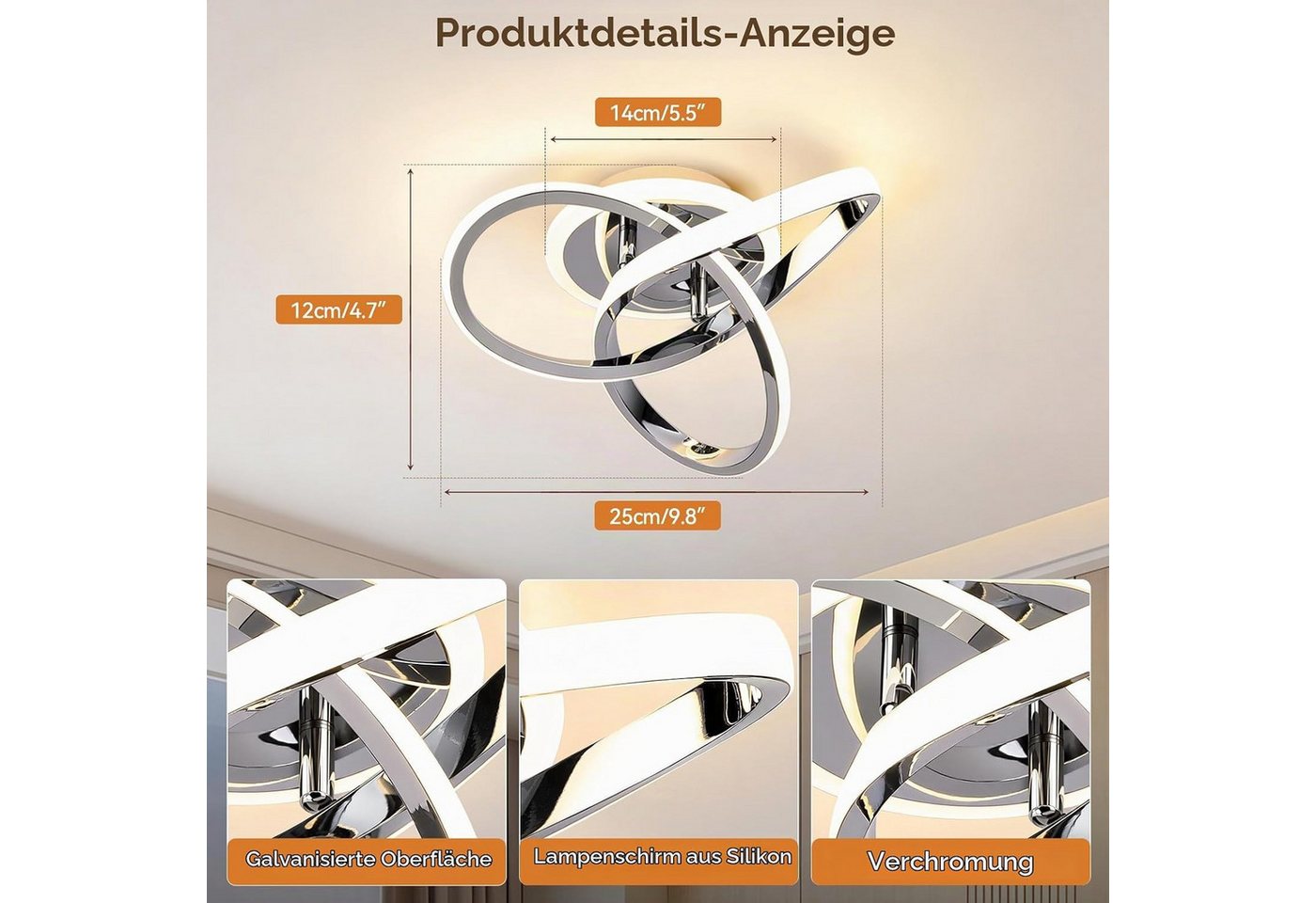 BlingBin Deckenleuchte 25CM Schwarz Dimmbar LED Deckenlampe 3 Blatten verflochten Modern, LED fest integriert, Modern Deckenlampe 3000-6500K für Wohnzimmer Küch – Bild 4 von 5