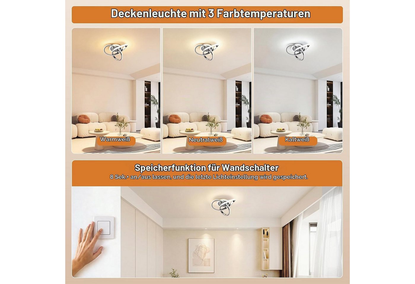 BlingBin Deckenleuchte 25CM Schwarz Dimmbar LED Deckenlampe 3 Blatten verflochten Modern, LED fest integriert, Modern Deckenlampe 3000-6500K für Wohnzimmer Küch – Bild 5 von 5