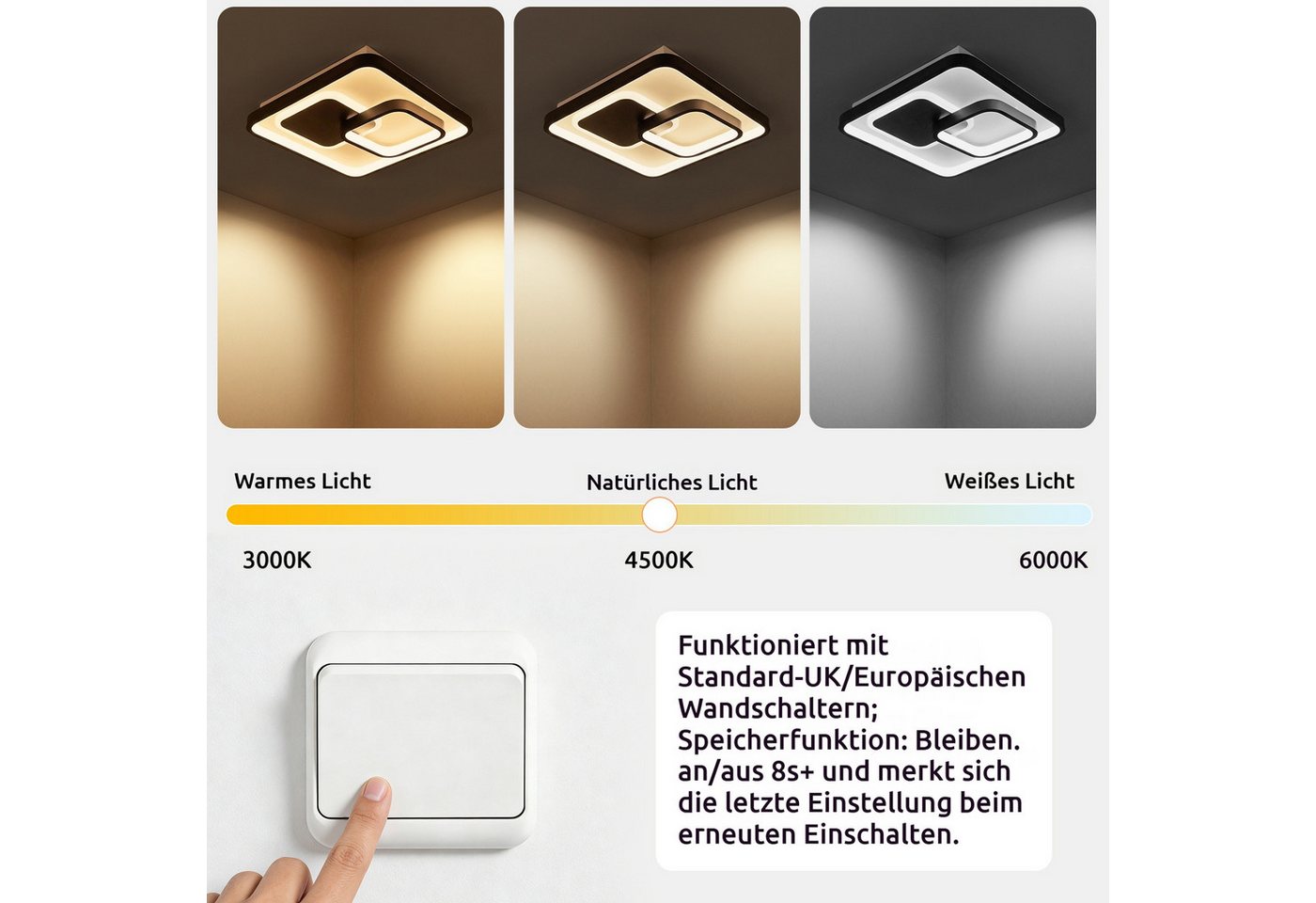 BlingBin Deckenleuchte LED Moderne 30W, 3000K/4500K/6500K 3000LM LED Deckenlampe, mit Memory Funktion, LED fest integriert, Neutralweiß, Warmweiß, Tageslichtwei – Bild 3 von 5