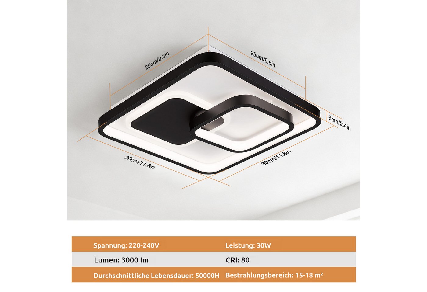 BlingBin Deckenleuchte LED Moderne 30W, 3000K/4500K/6500K 3000LM LED Deckenlampe, mit Memory Funktion, LED fest integriert, Neutralweiß, Warmweiß, Tageslichtwei – Bild 5 von 5