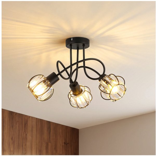 BlingBin Deckenstrahler Kristall 3-flammig, E14 Deckenleuchte 46 cm, modernes Schwarz Eisen, ohne Leuchtmittel, Deckenlampe Deckenspot für Küche, Schlafzimmer, 