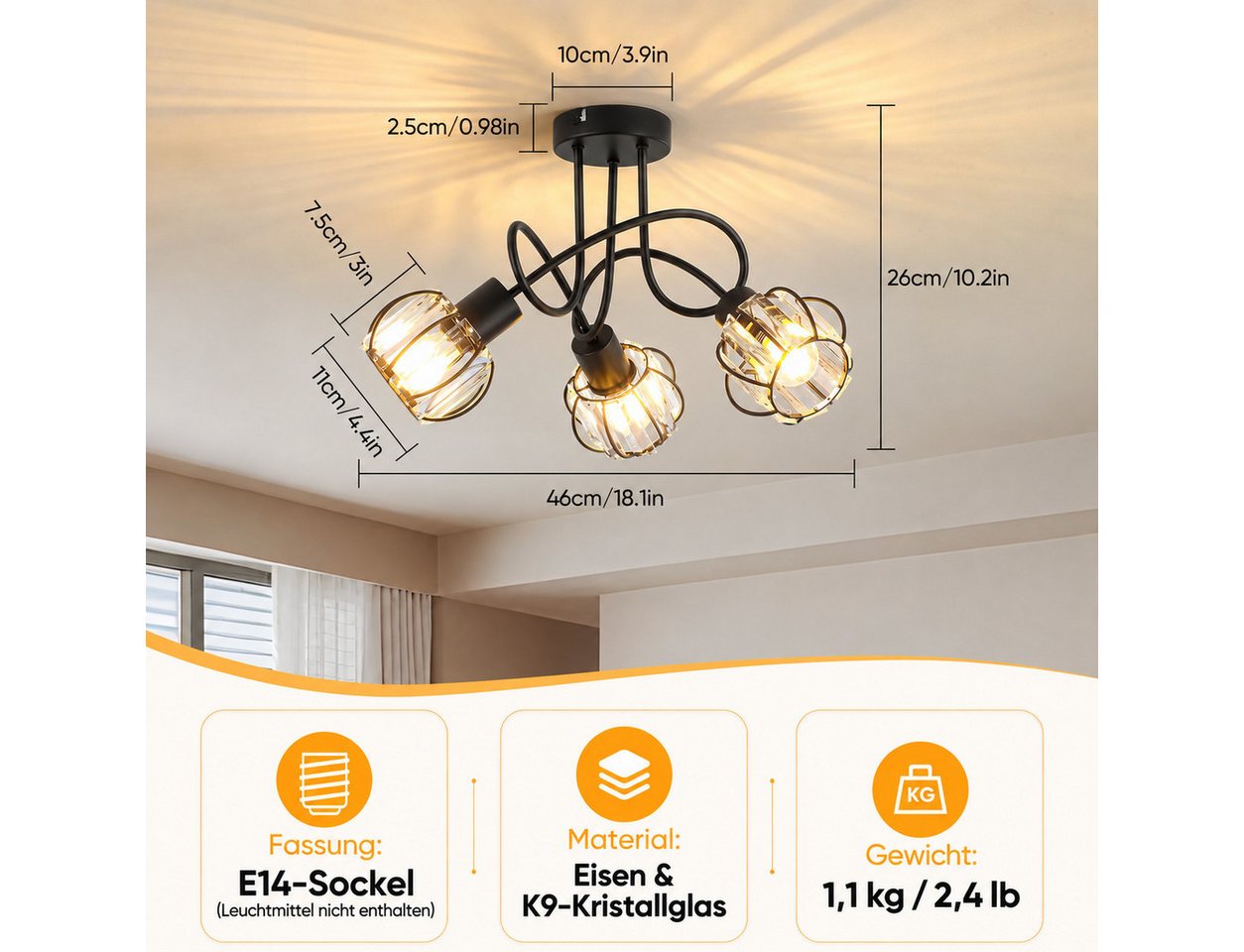 BlingBin Deckenstrahler Kristall 3-flammig, E14 Deckenleuchte 46 cm, modernes Schwarz Eisen, ohne Leuchtmittel, Deckenlampe Deckenspot für Küche, Schlafzimmer,  – Bild 4 von 5