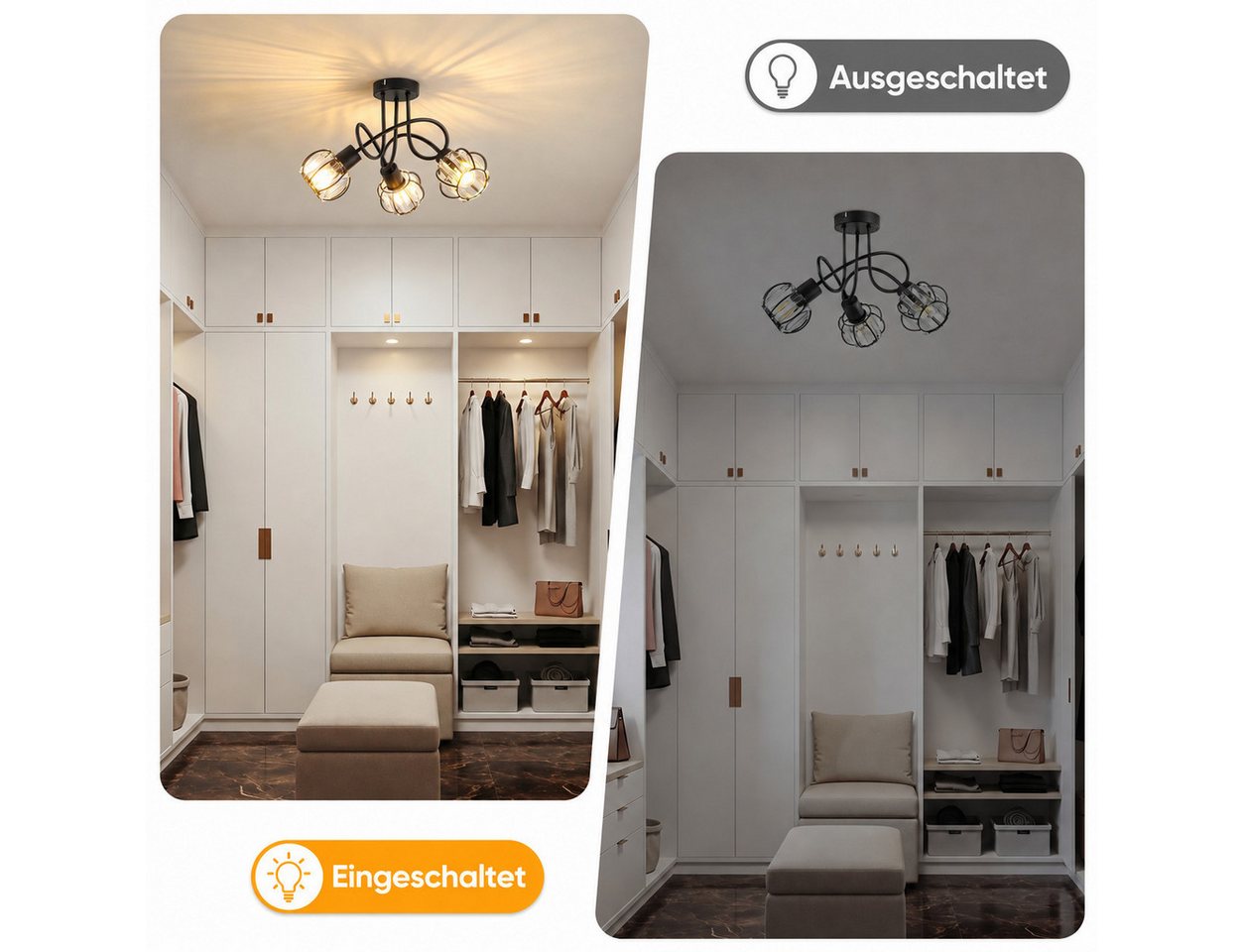 BlingBin Deckenstrahler Kristall 3-flammig, E14 Deckenleuchte 46 cm, modernes Schwarz Eisen, ohne Leuchtmittel, Deckenlampe Deckenspot für Küche, Schlafzimmer,  – Bild 5 von 5