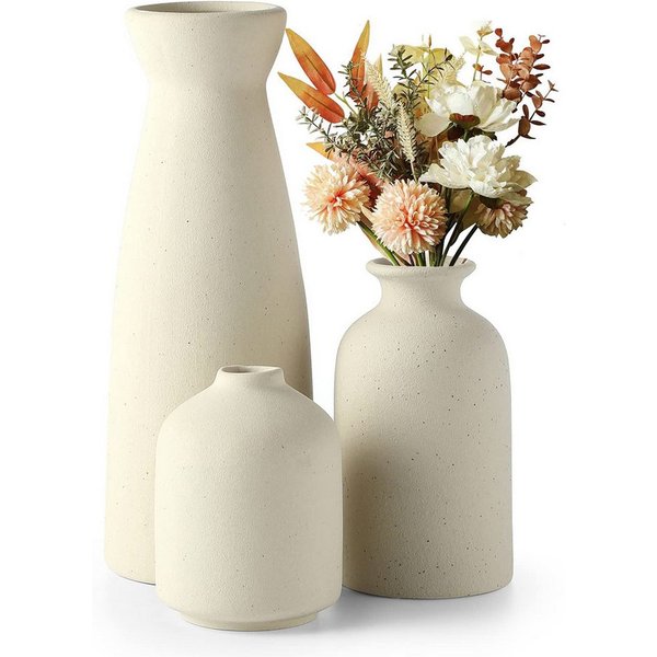 BlingBin Dekovase 3er-Set Keramik Vasen, Kleine Blumenvasen für Schnitt-/ Trockenblumen (3er Set, 3 St., Pampas-Vase: 21x8,3 cm,Klein Vase: 12,4x 6,8cm,Knospen 