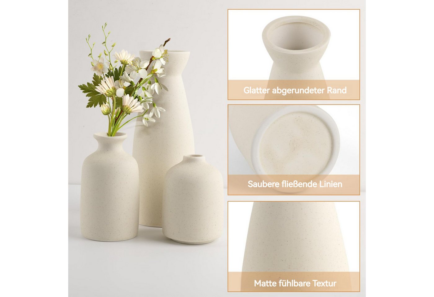 BlingBin Dekovase 3er-Set Keramik Vasen, Kleine Blumenvasen für Schnitt-/ Trockenblumen (3er Set, 3 St., Pampas-Vase: 21x8,3 cm,Klein Vase: 12,4x 6,8cm,Knospen  – Bild 3 von 5