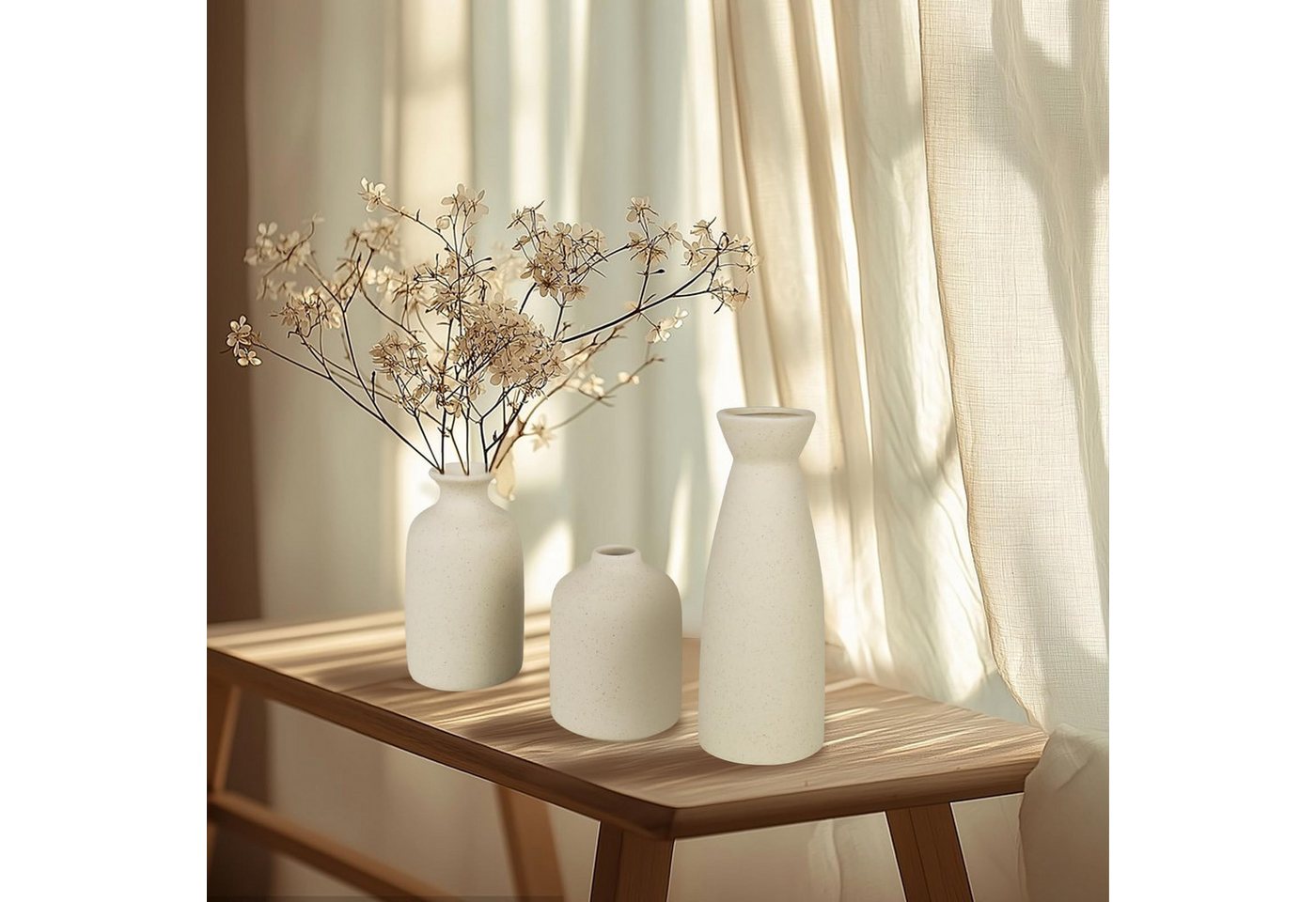 BlingBin Dekovase 3er-Set Keramik Vasen, Kleine Blumenvasen für Schnitt-/ Trockenblumen (3er Set, 3 St., Pampas-Vase: 21x8,3 cm,Klein Vase: 12,4x 6,8cm,Knospen  – Bild 5 von 5