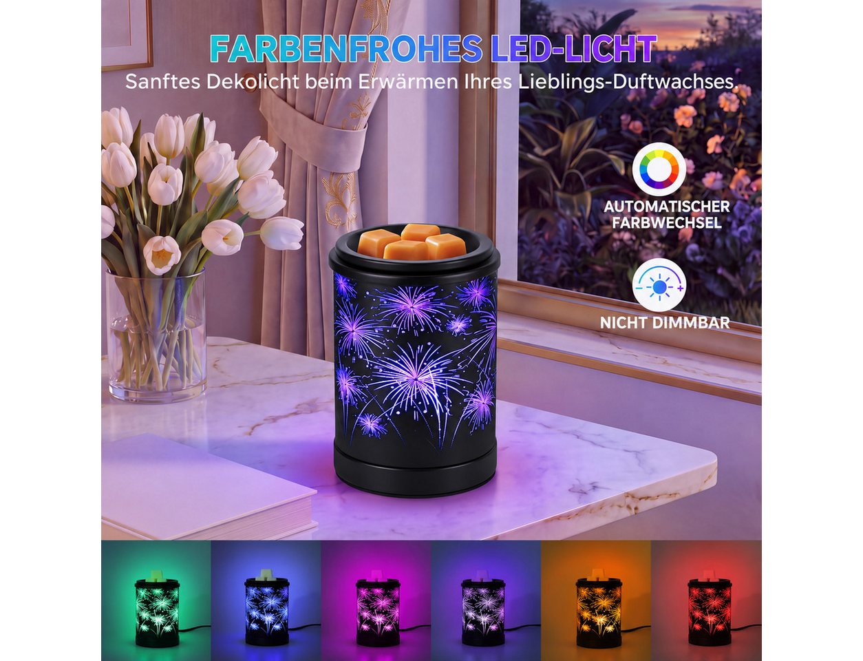BlingBin Duftlampe Elektrische Aromalampe Wachsduftlampe mit Feuerwerk-Lichteffekt (1er Set, 1 St., 10,5*10,5*15cm), Dekorative Duftlampe für Duftwachs & ätheri – Bild 2 von 5